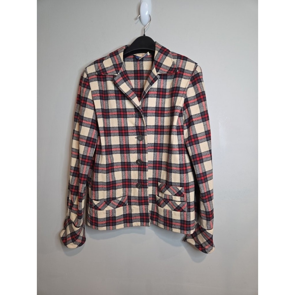 Bobbie Brooks Calgary Plaid Wool Blazer Jacket Womens S M Vintage Red Tan Black